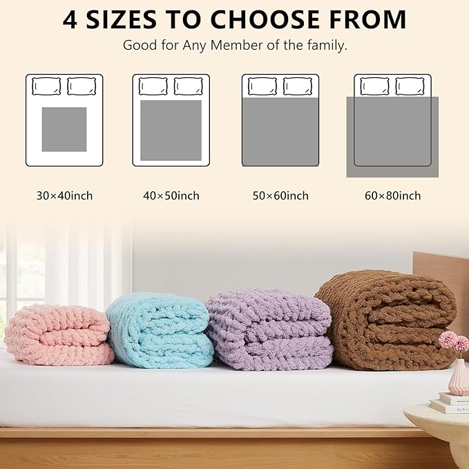 L'AGRATY Chunky Knit Blanket Throw - Soft Chenille Yarn Throw Blanket 40x50: Handmade Thick Knit Crochet Blanket - Large Chunky Rope Pink Throw Blanket for Couch Sofa Bed Home Decor