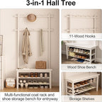 Coat Rack with Shoe Storage, Wooden Hall Tree with Bench, 11 Hooks and 2-Tier Storage Shelves, 3-in-1, Entryway Bench with Coat Rack (31.5"-White)