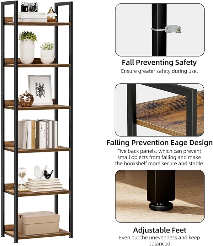 NUMENN Narrow Bookshelf, 6 Tier Bookshelves, Home Office Bookcase Shelf Storage Organizer, Free Standing Storage Shelving Unit for Bedroom, Living Room and Home Office, Vintage