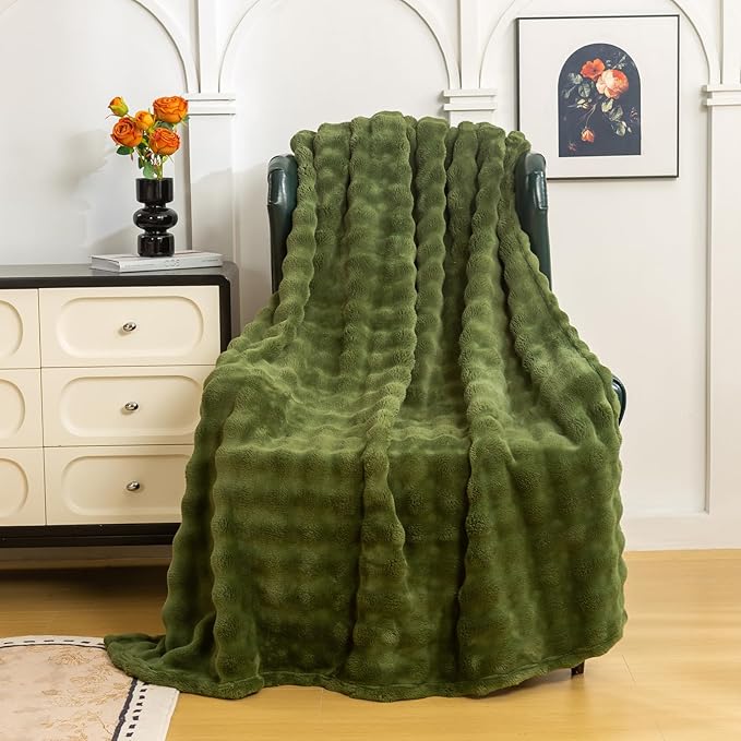 YUSOKI Luxury 3D Bubble Throw Blanket 2lb,All Ages,Home Decoration, (Olive Green,50 * 60inches)