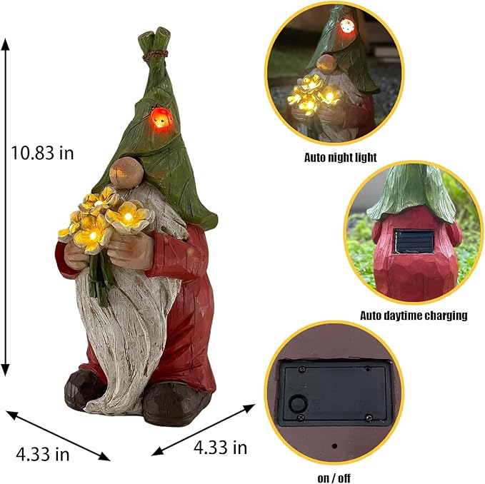 COWOS Garden Gnome Statue Outdoor Decor, Solar Garden Gnome Figurine Light, Resin Statues Sculpture for Patio Yard Lawn Outdoor Decorations
