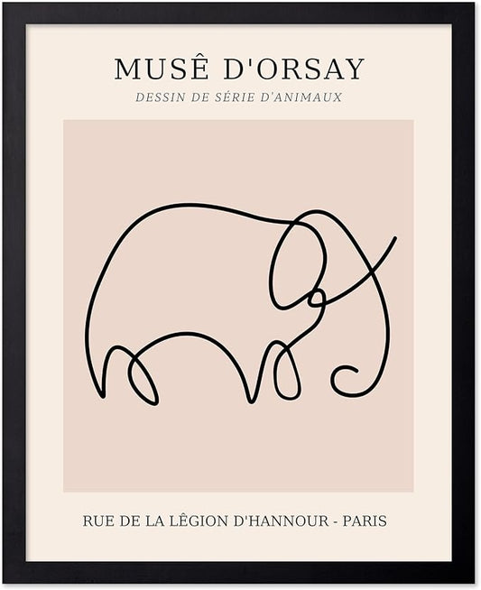 Poster Master Vintage Poster - Retro One Line Elephant Drawing Print - Elephant Art - Minimal Gift for Men, Women, Animal Lover - Abstract Wall Decor for Home, Office, 16x20 Black Framed