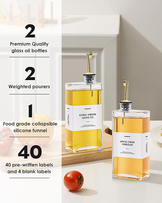 Olive Oil Dispenser For Kitchen, Glass Oil Bottle 500ML Oil And Vinegar Dispenser Set Of 4 with 4 Stainless Steel Pourers & 88 Labels, Soy Sauce Dispenser, Coffee Syrup Bottles