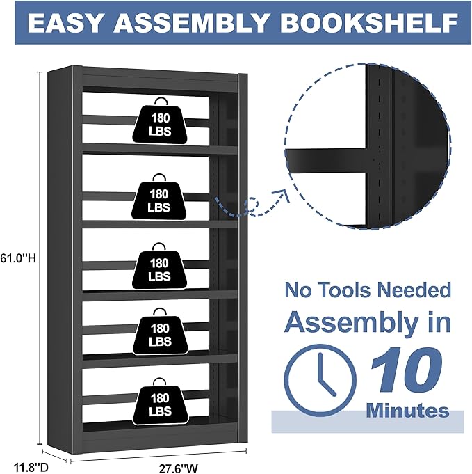 Metal Bookshelf Adjustable - 61" Tall Black Bookcase, 5 Tier Book Shelf, Tooless Assembly Book Case, Modern Bookshelves and Bookcases for Home Office, Living Room, Bedroom, Library