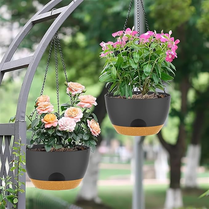 12 Inch Hanging Baskets 2 PC with Chains, Self-Watering Hanging Planters for Indoor Outdoor Plants, Plastic Hanging Flower Pots,Black Brown
