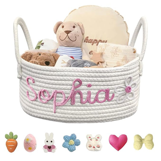 Personalized Baby Basket with Name Custom Cotton Rope Storage Bin for Diaper Caddy, Organizer, Keepsake - Shower Gift