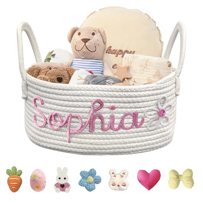 Personalized Baby Basket with Name Custom Cotton Rope Storage Bin for Diaper Caddy, Organizer, Keepsake - Shower Gift