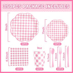 350 Pcs Pink Gingham Plates and Napkins Party Supplies - Pink and White Checkered Plates Sets Serve 50 Guests - Scalloped Gingham Paper Plate for Birthday Wedding Picnic Party Decorations