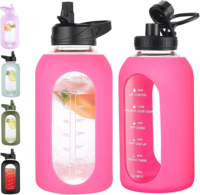 64 oz Glass Water Bottle With Straw and Handle, Half Gallon Sports Motivational Water Jug Flask with Silicone Sleeve, Large Water Cup with Time Marker for Travel, Gym, Hot Pink