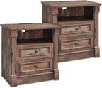 26" Tall Farmhouse Nightstand Set of 2, 2 Drawers End Table w/Charging Station, 23.6" Wide Large Side Table w/Roman Column, Wood Rustic Sofa Table w/Open Shelf, Bedside Table for Bedroom, Light Brown