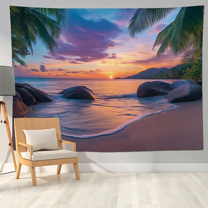 keowhsf Beach Sunset Ocean Tapestry – Tropical Palm Trees Wall Decor with Warm Orange Sky, Summer Seaside Landscape Wall Hanging for Bedroom Living Room Dorm