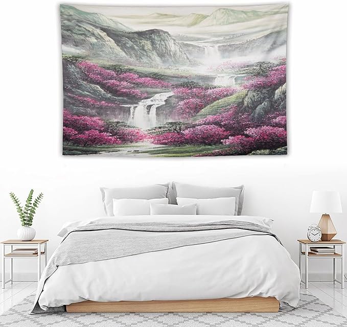 Japanese Tapestry, Red Plum Blossom Mountain Tapestry, Asian Japanese Wall Tapestry, Nature Landscape Tapestries for Bedroom Living Room Decor 90"x60"