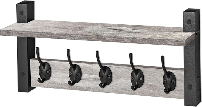 Sorbus Coat Hooks Wall Mount with Shelf – 16 Inch Coat Rack Wall Mount with 5 Heavy Duty Hooks – Floating Wall Shelf with Hooks for Entryway, Bathroom, Bedroom, Kitchen, or Mudroom (Gray)