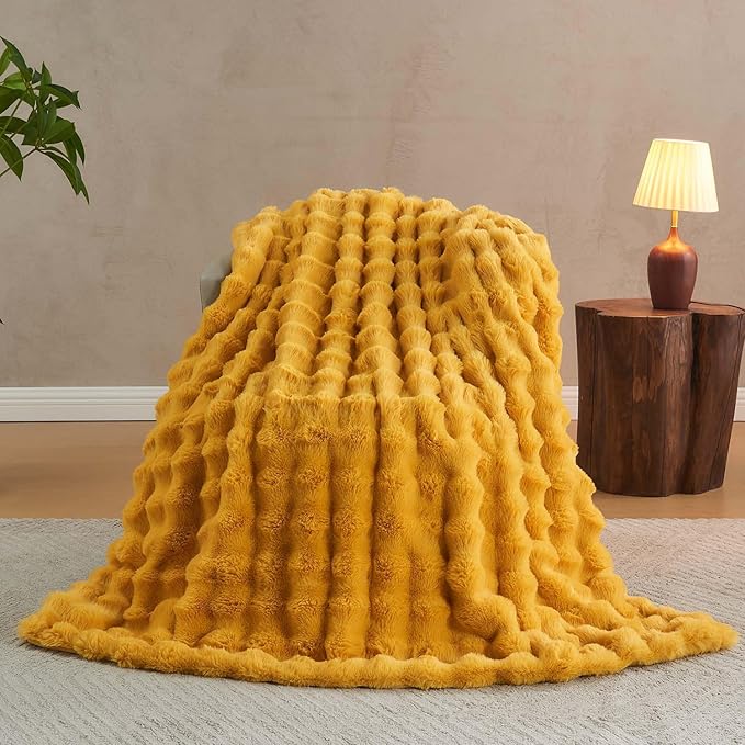 Lotus Karen Faux Fur Throw Blanket Ginger Yellow - Big Bubble Rabbit Fluff Blanket for Couch Bed Sofa,Softest Fluffy Fuzzy Cozy Blanket,Thick Furry Plush Shaggy Warm Blankets for Women,90x90 Inches