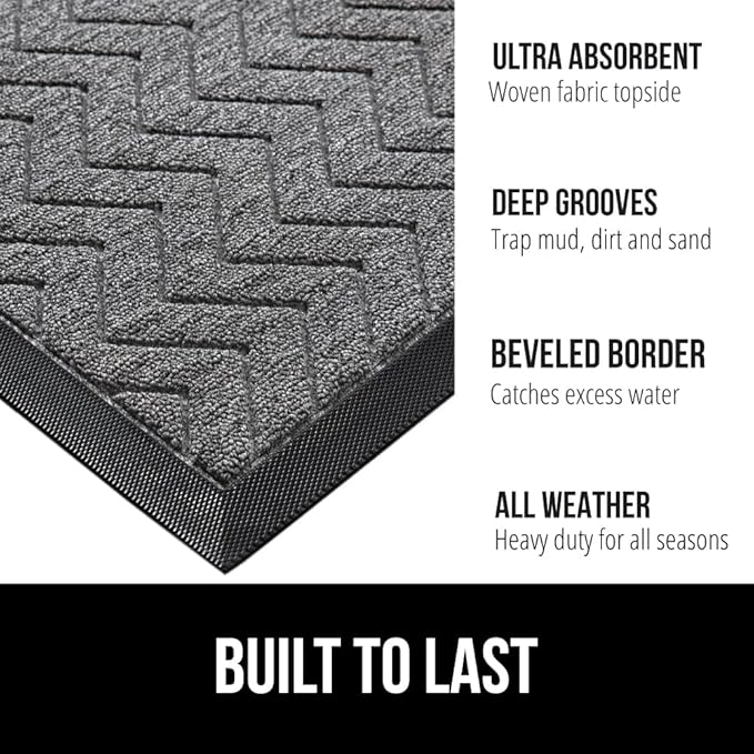 GORILLA GRIP 100% Waterproof All-Season WeatherMax Doormat 35x23, US Designed Natural Rubber, Stain and Fade Resistant, Low Profile Indoor Outdoor Door Mats, Easy Clean Patio Mat, Steel Chevron