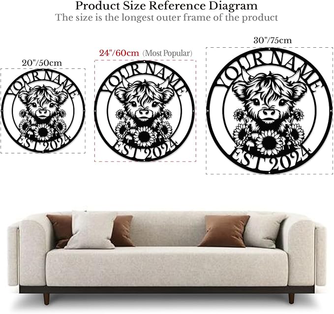 Personalized Highland Cow Name metal Signs,Custom Highland Cow Metal Shed Wall Decor,Black Metal Wall Art Plaques Outdoor wall Decorative Signage (Style E)