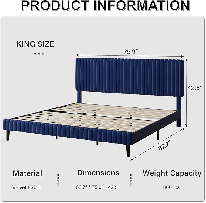 King Size Bed Frame and Headboard, Velvet Upholstered Platform Bed with Vertical Channel Tufted Headboard and Footboard, No Box Spring Required, Easy Assembly, Blue