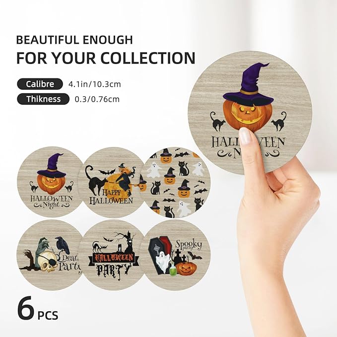 Halloween Coaster for Drinks Set of 6 with Metal Holder and Cork Base Ceramic Drink Coasters Absorbent Cup Mat Non-Slip for Home Kitchen Office Table Decor, 4 Inch
