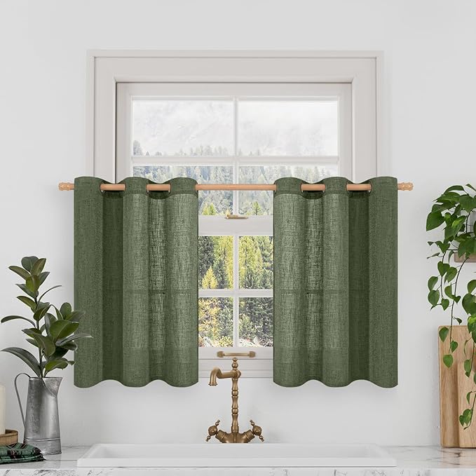 LAMIT Small Linen Curtains 30 Inch Length, Semi Sheer Short Window Curtains Light Filtering Christmas Panels with Bronze Grommet for Basement, Olive Green, 2 Panels, 34 x 30 Inch