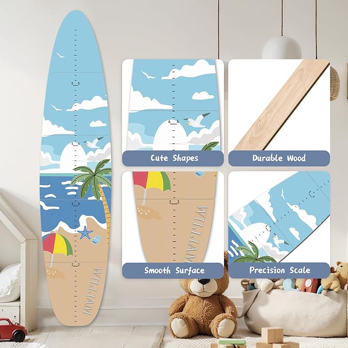 Personalized Name Growth Chart, Surfboard Children's Height Growth Chart Wall Board, Stereoscopic Height Ruler, Precision Height Measuring Instrument for Nursery Room, Includes Tools