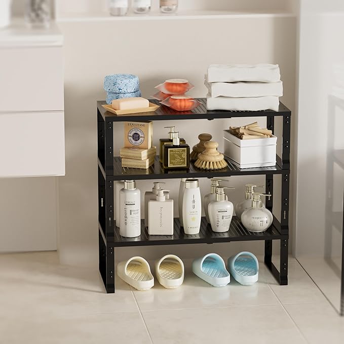 Expandable Spice Rack,Stackable Storage for Cabinet, Multi-Functional Kitchen Shelving,Height-Adjustable,Sustainable Organizer Solution(1Pack/Black/Large)