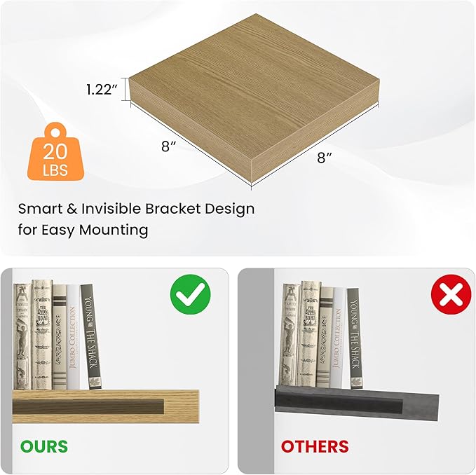 Square Floating Shelves for Wall, 8" W x 8" D x 1.2" H, Small Wooden Wall Mounted Display Shelves with Invisible Brackets for Living Room, Bedroom, Bathroom, Kitchen Decor, Set of 4, Oak