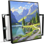 Landscape wall painting of mountain forest lakeside cabin under blue sky and white clouds natural oil painting poster suitable for living room bedroom office