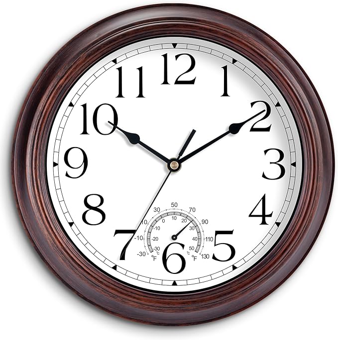 8.5 Inch Outdoor Wall Clock with Thermometers, Vintage Silent Wall Clocks Battery Operated, Retro Non-Ticking Clock Decorative for Living Room, Patio, Kitchen, Office, Bathroom, Bedroom(Bronze)