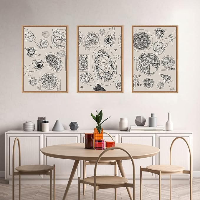 HPINUB Vintage Food and Drink Framed Canvas Wall Art Set,Sketch Pizza Cheers Wall Decor,Thanksgiving Dinner Turkey Artwork,Black and white Art Prints for Kitchen,Dining Room,Gatherings Decor-16"x24"x3