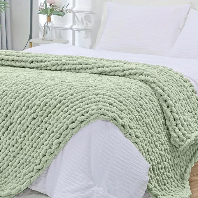 Bigacogo Chunky Knit Throw Blanket for Couch, 40x80 inches, 100% Hand Knitted with Thick Jumbo Chenille Yarn, Cozy Soft Large Rope Knot Cable Crochet Blankets for Sofa Bed Living Room, Sage Green
