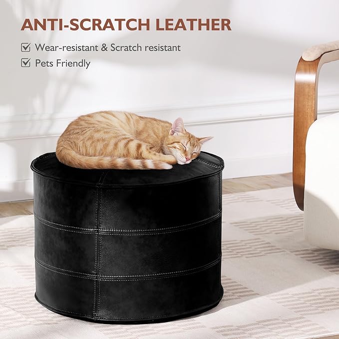 Round Leather Ottoman,Handmade Stuffed Ottoman,Genuine Leather Pouf, Foot Rest Pouf,Comfortable Soft Seating for Living Room & Bedroom (Black, Round)