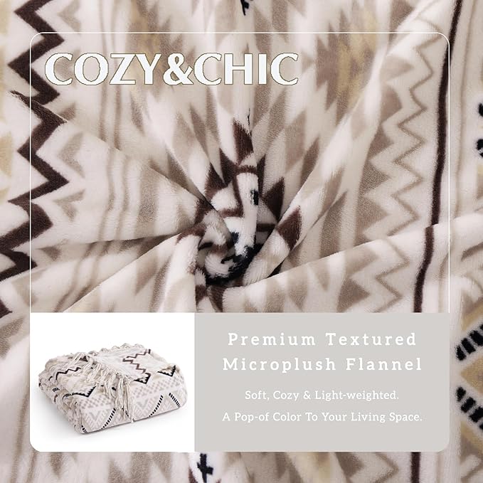 CASAAGUSTO Boho Throw Blanket - Beige and Gray Decorative Blankets with Tassel, Printed Flannel Bohemian Blanket for Chair, Bed, Sofa, Couch(50 * 60, Beige and Gray)