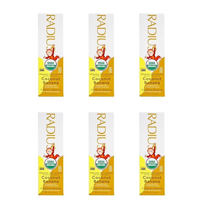 RADIUS USDA Organic Kids Toothpaste 3oz Non Toxic Chemical-Free Gluten-Free Designed to Improve Gum Health for Children's 6 Months and Up - Coconut Banana - Pack of 6