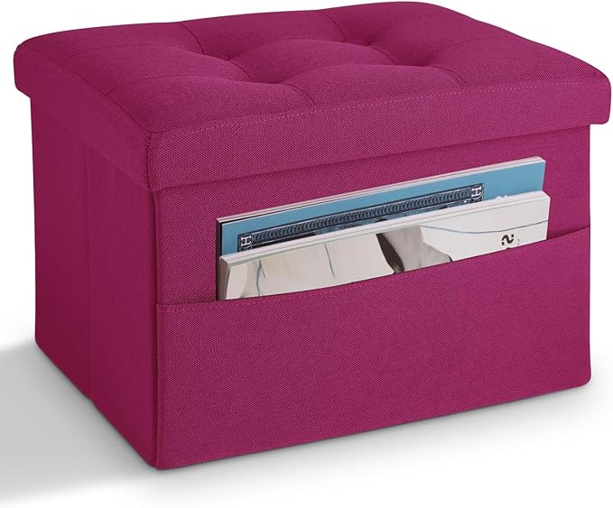 LINMAGCO Storage Ottoman Folding Foot Stool Foot Rest with Side Pocket Modern Ottoman with Storage Short Sofa Stool Linen Cloth 17x13x13(ROSEO)