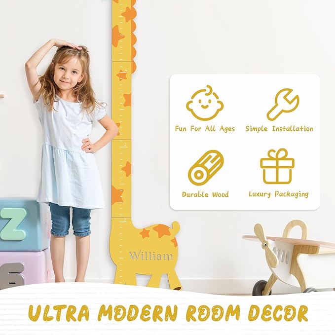 Personalized Name Growth Chart for Kids, Giraffe Height Chart for Boy Girls, Measuring Board for Kids Height, Patchwork Wooden Height Chart Measuring Board, Nursery Growth Chart Ruler
