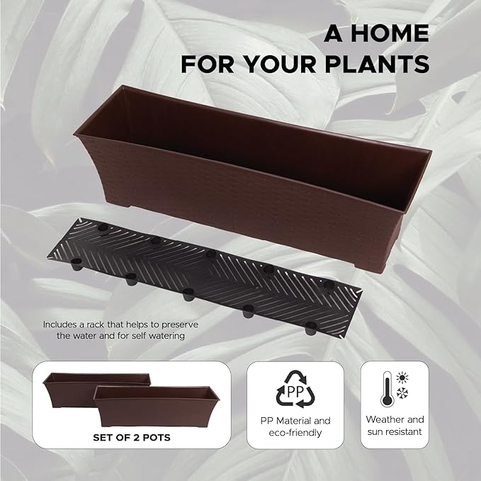 Elly Décor Set of 2 24x8 Rectangular Modern, Resistant and Self Watering Planter with Rattan-Like Finish, 24", Chocolate Brown