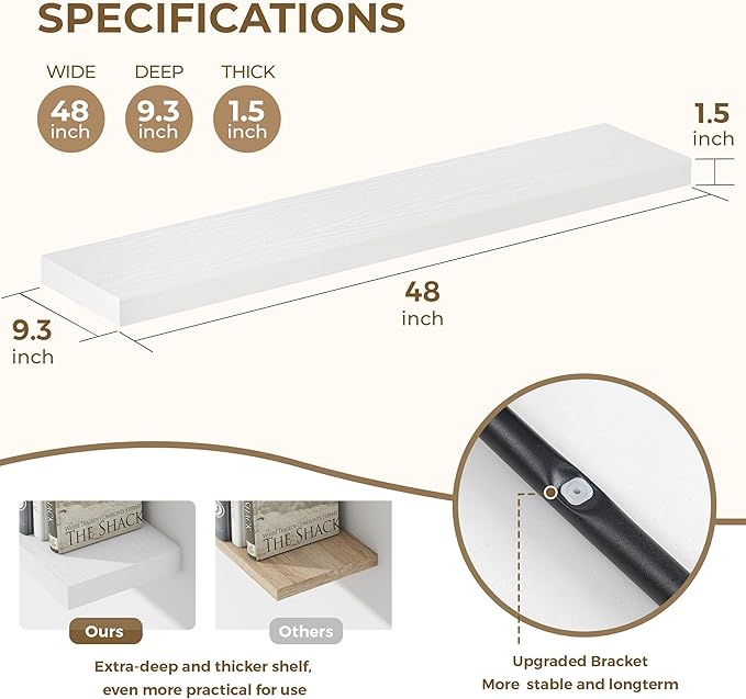 48 Inches Floating Shelves for Wall, 9.3" Deep Long Floating Shelves Set of 1, Large Display & Storage Shelf, Wall Shelf for Bathroom Bedroom Living Room Kitchen Office, White