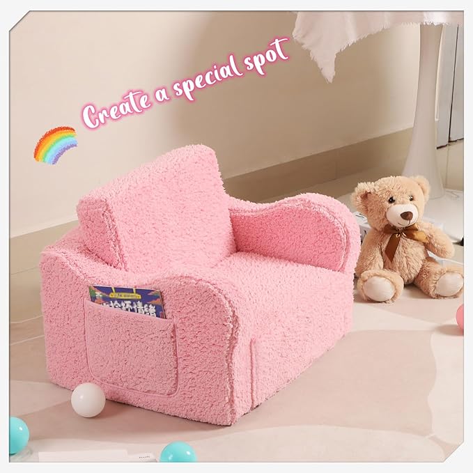 Kids Chairs for Toddler, 2-in-1 Toddler Soft Sherpa Couch Fold Out, Convertible Sofa to Lounger for Girls and Boys, Pink