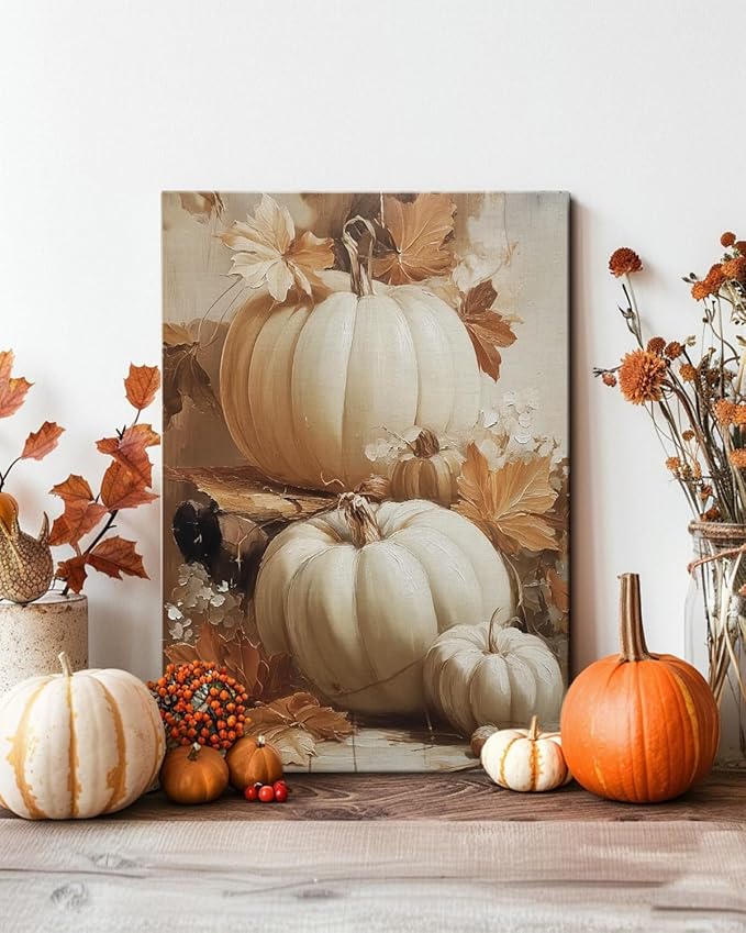 Rustic Autumn Pumpkin Wall Art Decor, Framed Vintage Thanksgiving Decorations, Fall Canvas Wall Art for Home, Kitchen and Living Room, Cozy Fall Decor Picture Print Ready to Hang