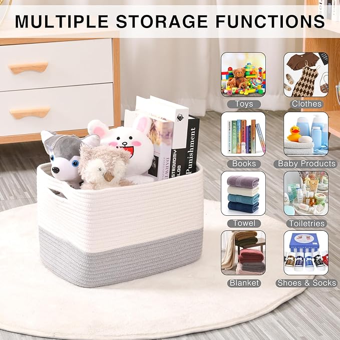 Storage Baskets for Organizing Shelves, Woven Cotton Rope Bins for Baby Nursery Organization, Book Toy Towel Organizer, 15"x11"x9.5", 3 Packs, Off White & Grey