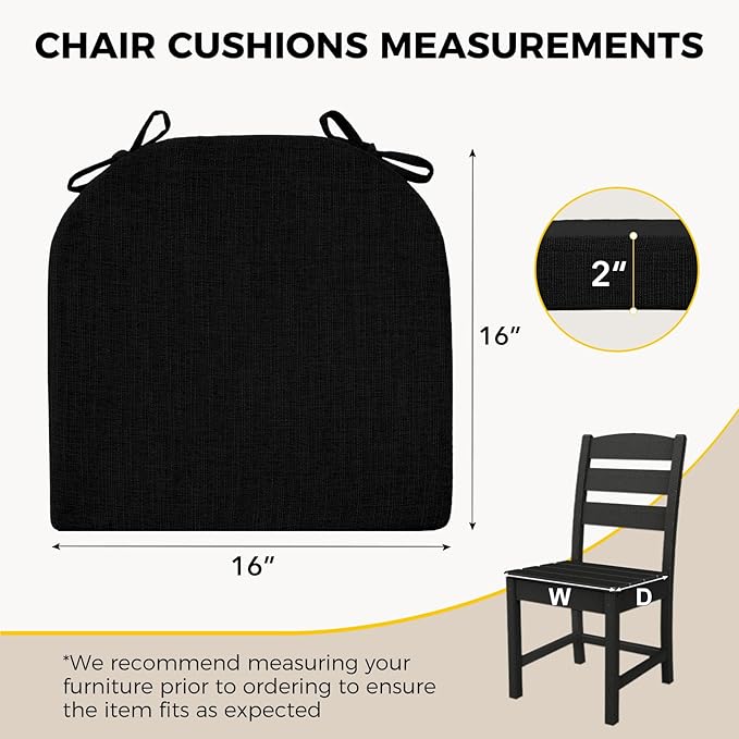 downluxe Indoor Chair Cushions for Dining Chairs, Soft and Comfortable Textured Foam Kitchen Chair Pads with Ties and Non-Slip Backing, 16" x 16" x 2", Black, 4 Pack