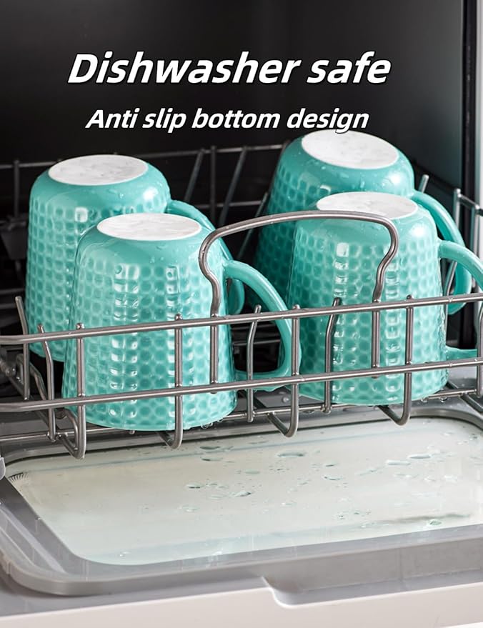 Ceramic Coffee Mugs 15 oz, Large Waffle Embossed Mug Set with Handle, Unique Coffee Cups for Latte, Cappuccino, Cocoa, Hot Tea, Mocha, Milk, Housewarming Wedding Present - Set of 4 (Turquoise)