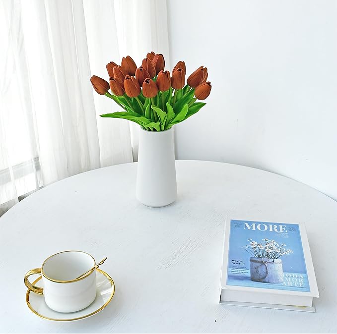 Mandy's Artificial Tulips 20 Stems Burnt Orange PU Faux Flowers for Wedding Home Decor 13.5 Inch