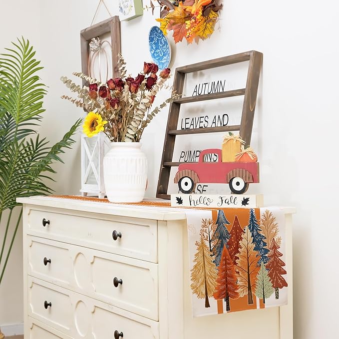 GEEORY Fall Watercolor Trees & Maple Leaves Striped Table Runner 13x48 Inch, Rustic Farmhouse Autumn Thanksgiving Decor for Kitchen, Dining, Indoor/Outdoor Holiday Dinner Party Orange GT157-48