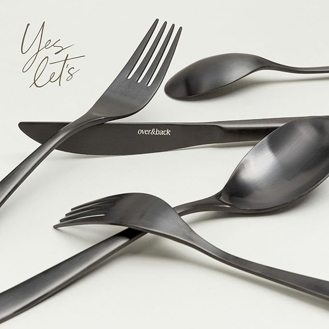over&back 20pc Curved Flatware Cutlery Set - Comes with 4 Dinner Forks, 4 Salad Forks, 4 Dinner Knives, 4 Dinner Spoons, and 4 Teaspoons - 18/8 Stainless Steel - Dishwasher-Safe - Matte Black