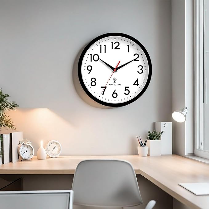 Atomic Wall Clock Analog 12 Inch Battery Operated Modern Decorative for Living Room Kitchen Office Bedroom Bathroom(Black)