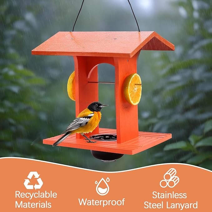 Oriole Feeder for Outdoors Hanging with Gift Box, Durable Plastic Oriole Jelly Feeder with Fruit Holder & 6oz Glass Bowl, Bird Feeder for Orioles with Roof Rain Protection for Garden, Patio, Backyard