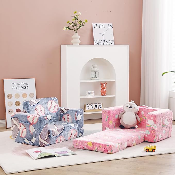 Toddler Chair Kids Couch, 2-in-1 Toddler Soft Sherpa Couch Fold Out Armchair Glow in The Dark with Removable Cover, Convertible Reading Chair Toddler Sofa for Kids, Football