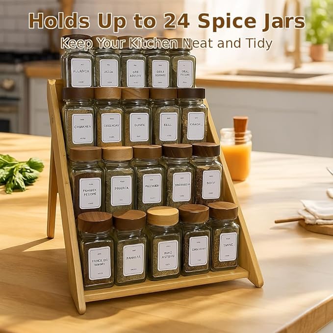 Bamboo Spice Rack Organizer - 3 Tier Foldable Wooden Spice Rack for Countertop, Cabinet & Drawer- Organic Bamboo-Extra Sturdy Wooden Spice Shelf, No Spice Jars Included
