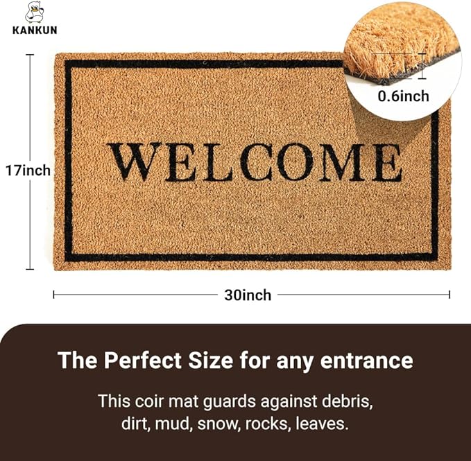 KANKUN Coco Coir Door Mat with Heavy Duty Backing, Welcome Doormat (17" x 30"), Doormat Entrance (Welcome2-2Pack)
